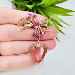 Vintage 40’s Pink Rhinestone Gold Tone Bow Brooch with Dangling Heart Charm